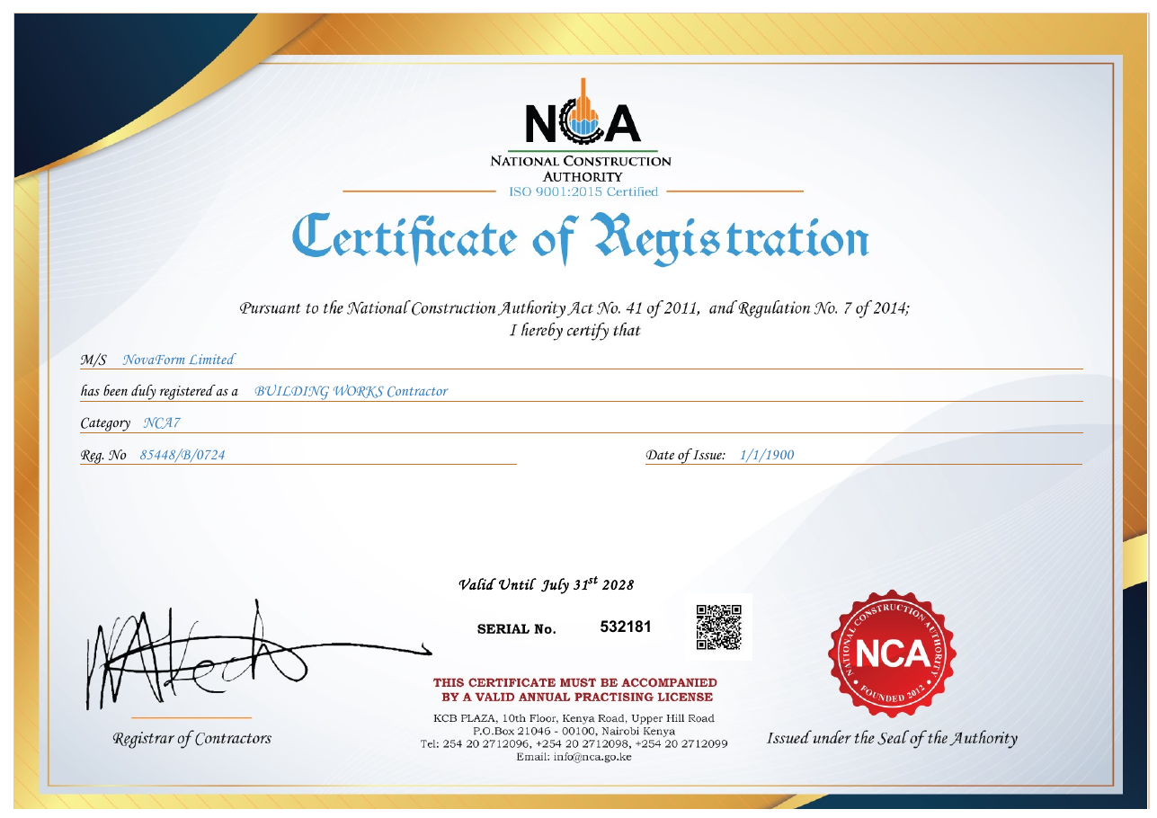 NovaForm NCA certificate of registration